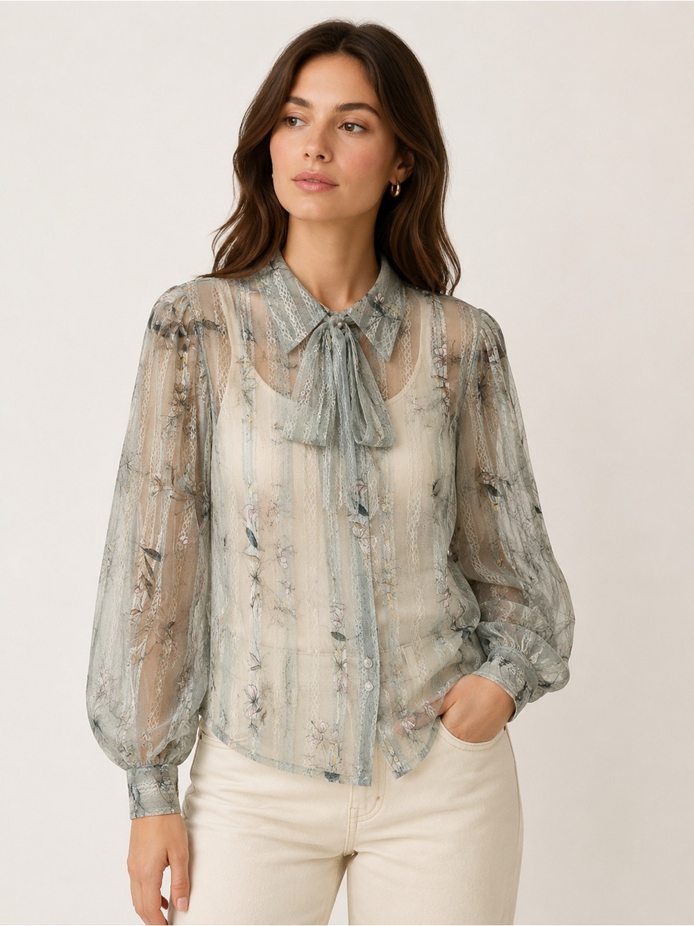 Sheer Lace Puff Sleeve Blouse Piratecore Royal Victorian Bow Earthy Romantic